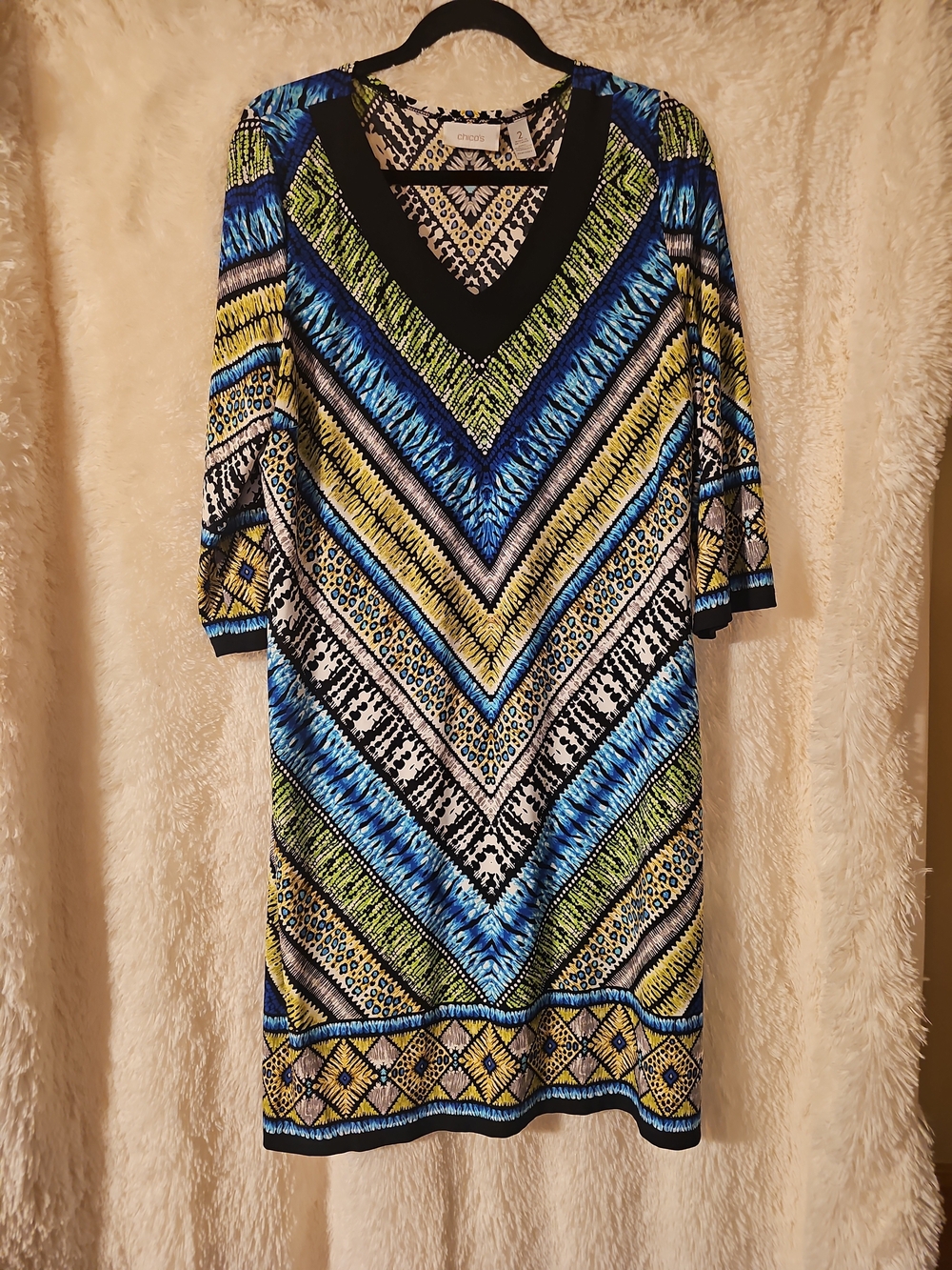 Chico's Blue, Green & Black V-Neck Long Sleeve Dress